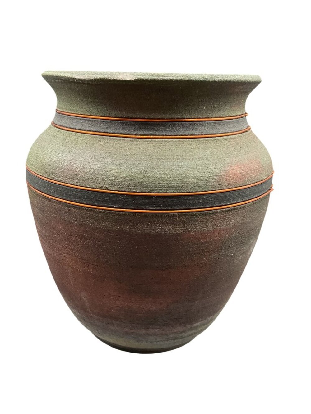 Handcrafted Ceramic Raku Vase With Earthy Tones & Brass Wire Signed Collis G '97